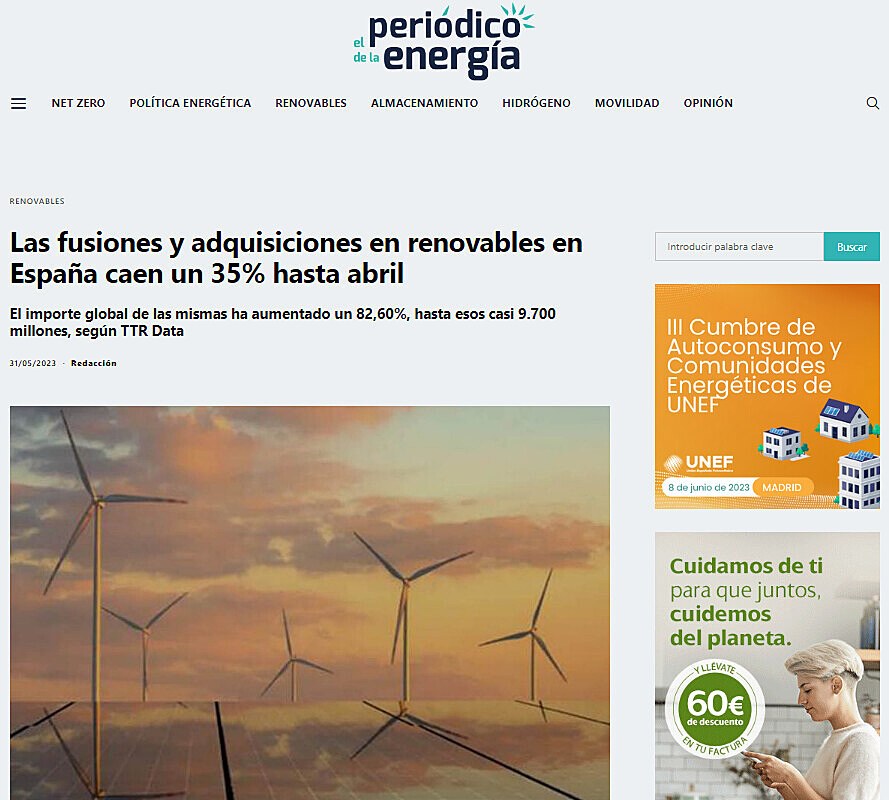 Las fusiones y adquisiciones en renovables en Espaa caen un 35% hasta abril